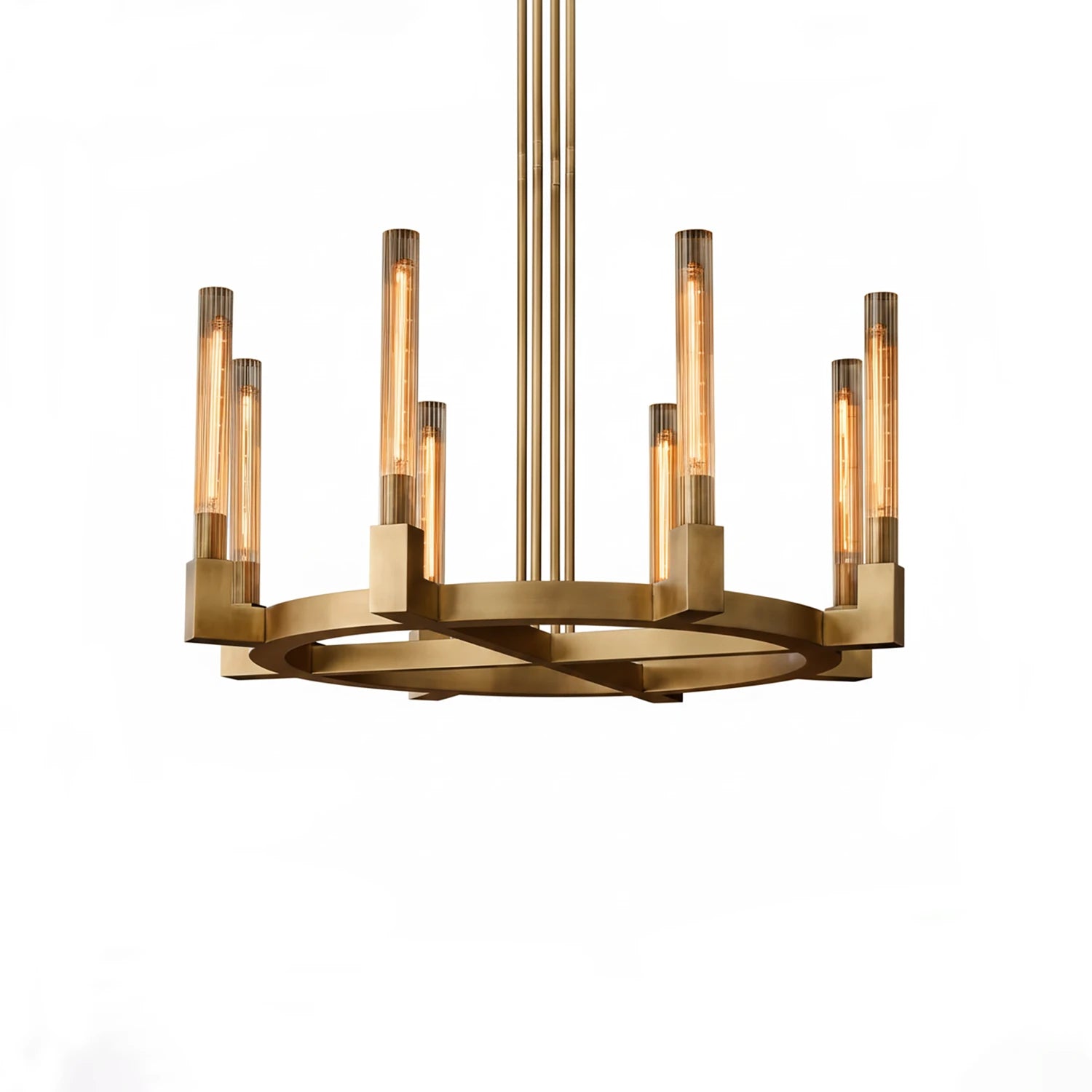 Aurora Crystal Candlestick Linear Glass Tube Chandelier - Studio White Background Brushed Gold Round Ring Chandelier Medium | HoaiLamp