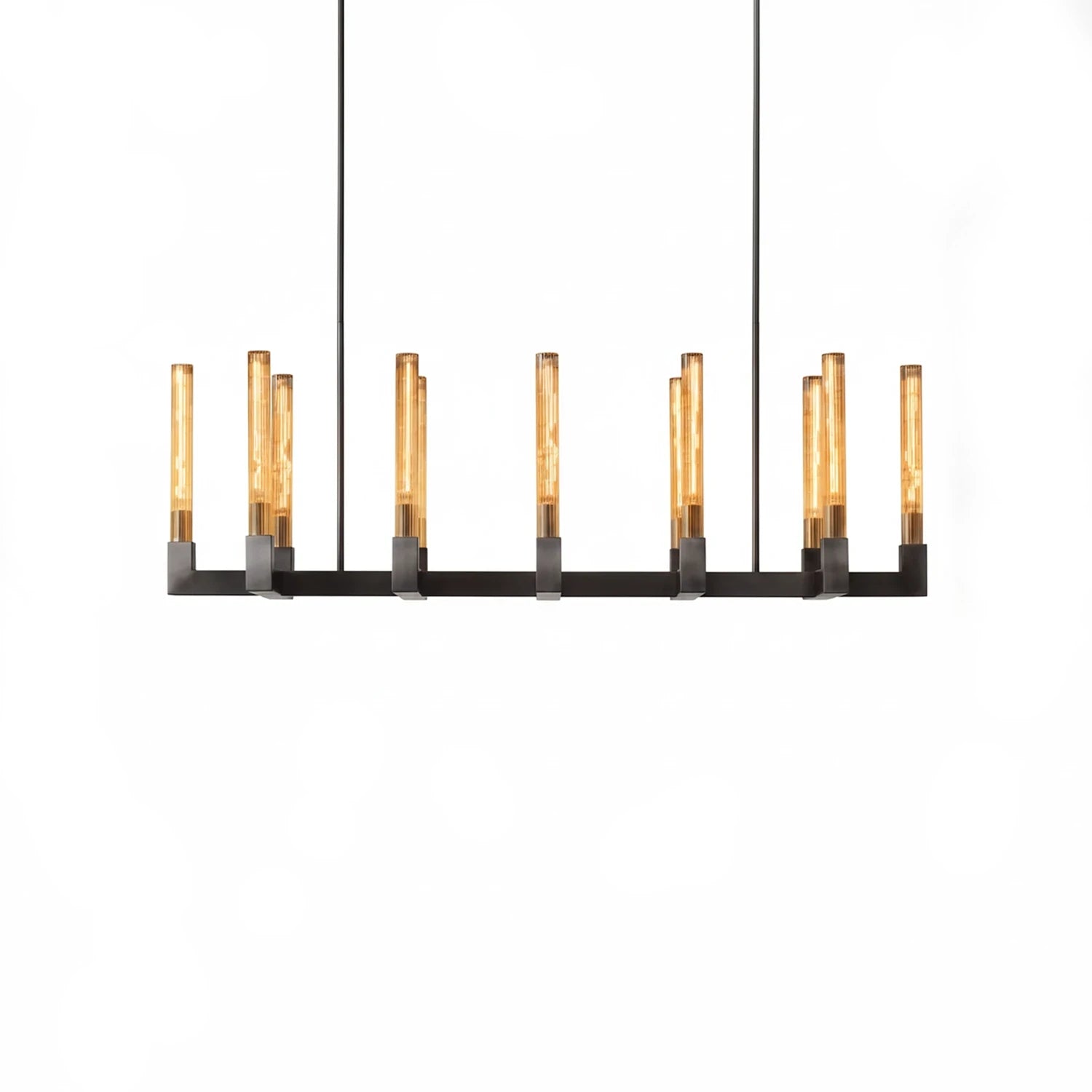 Aurora Crystal Candlestick Linear Glass Tube Chandelier - Studio White Background Matte Black Rectangular Linear Island Chandelier | HoaiLamp
