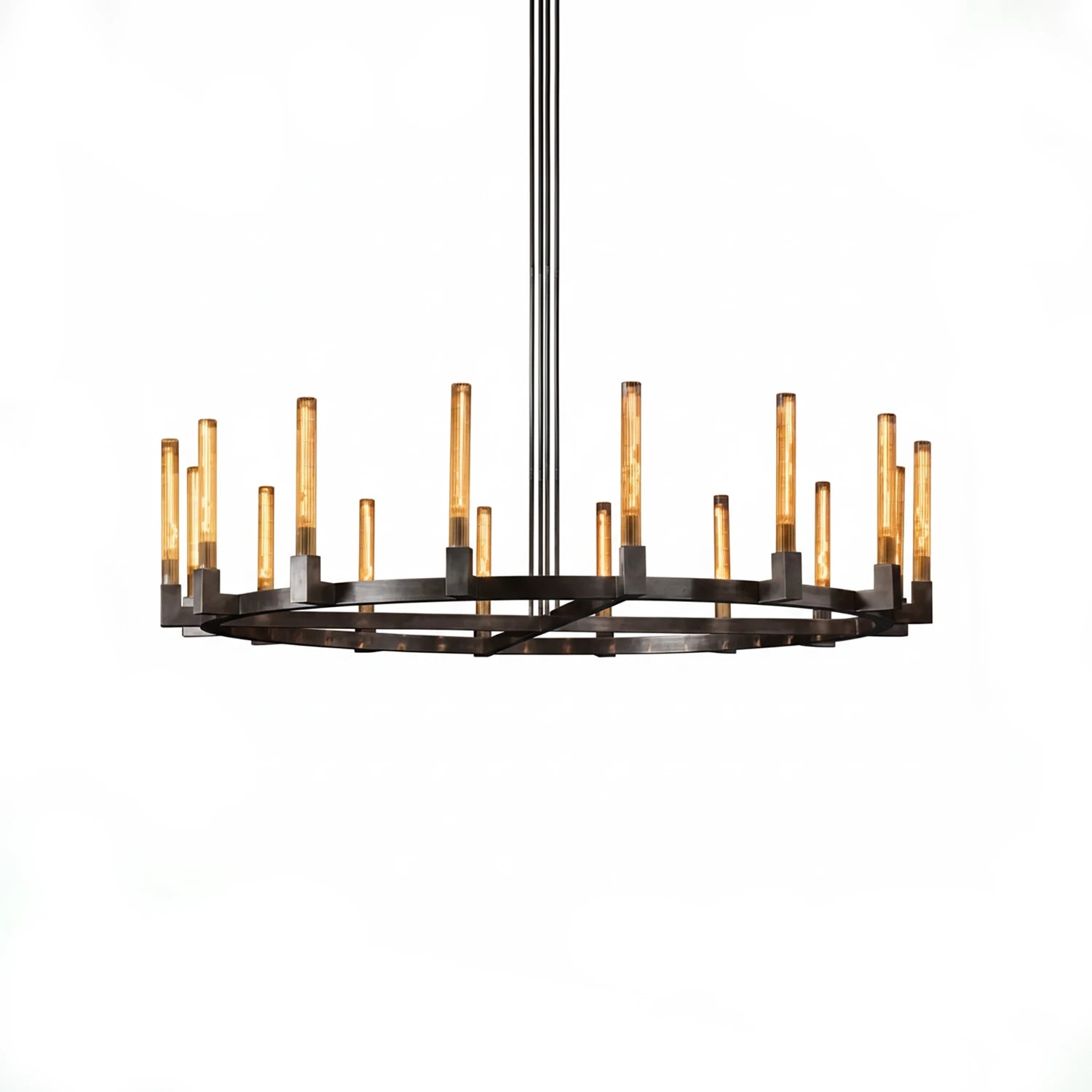 Aurora Crystal Candlestick Linear Glass Tube Chandelier - Studio White Background Matte Black Round Ring Chandelier Extra Large | HoaiLamp