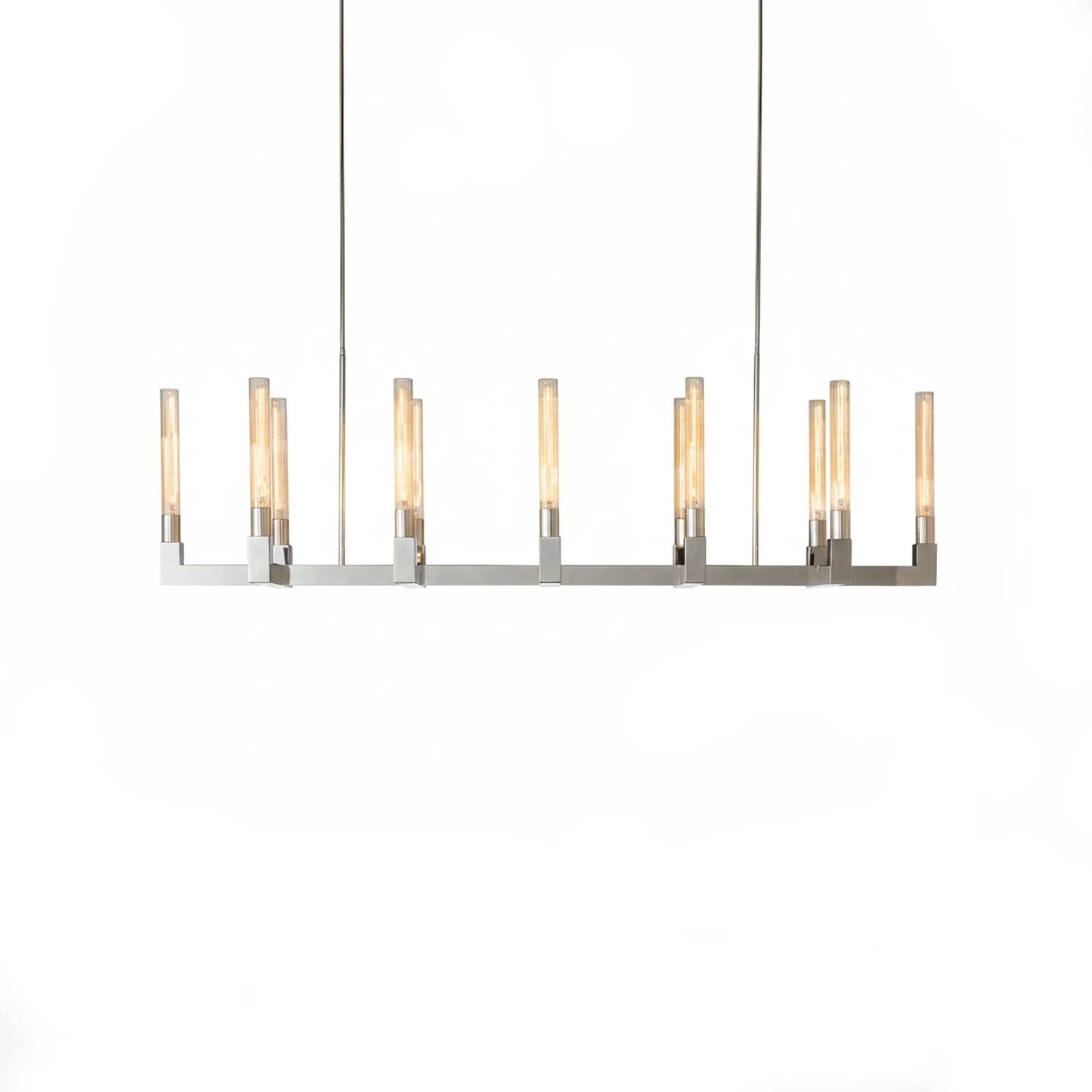 Aurora Crystal Candlestick Linear Glass Tube Chandelier - Studio White Background Polished Chrome Rectangular Linear Island Pendant | HoaiLamp