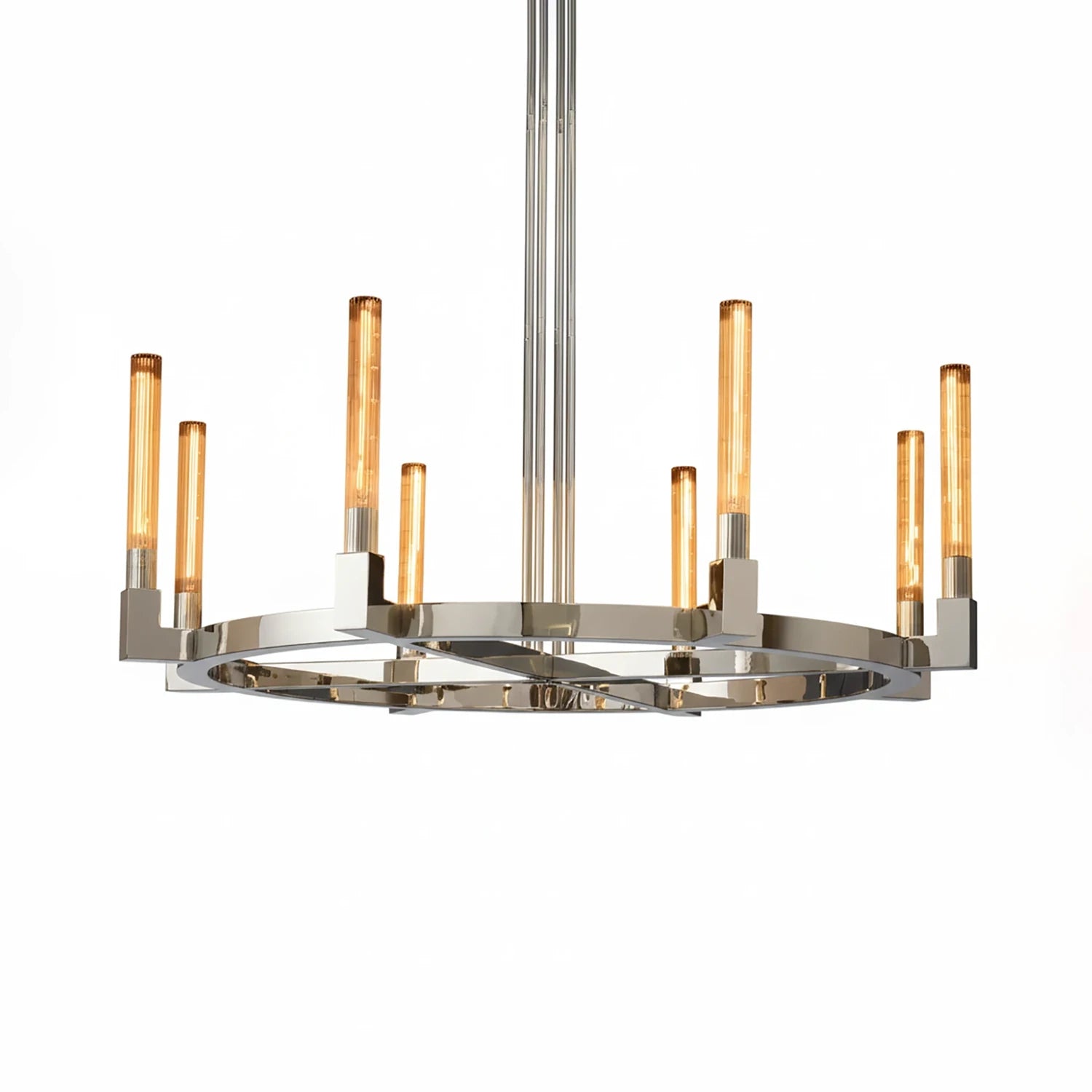 Aurora Crystal Candlestick Linear Glass Tube Chandelier - Studio White Background Polished Chrome Round Ring Chandelier Medium | HoaiLamp