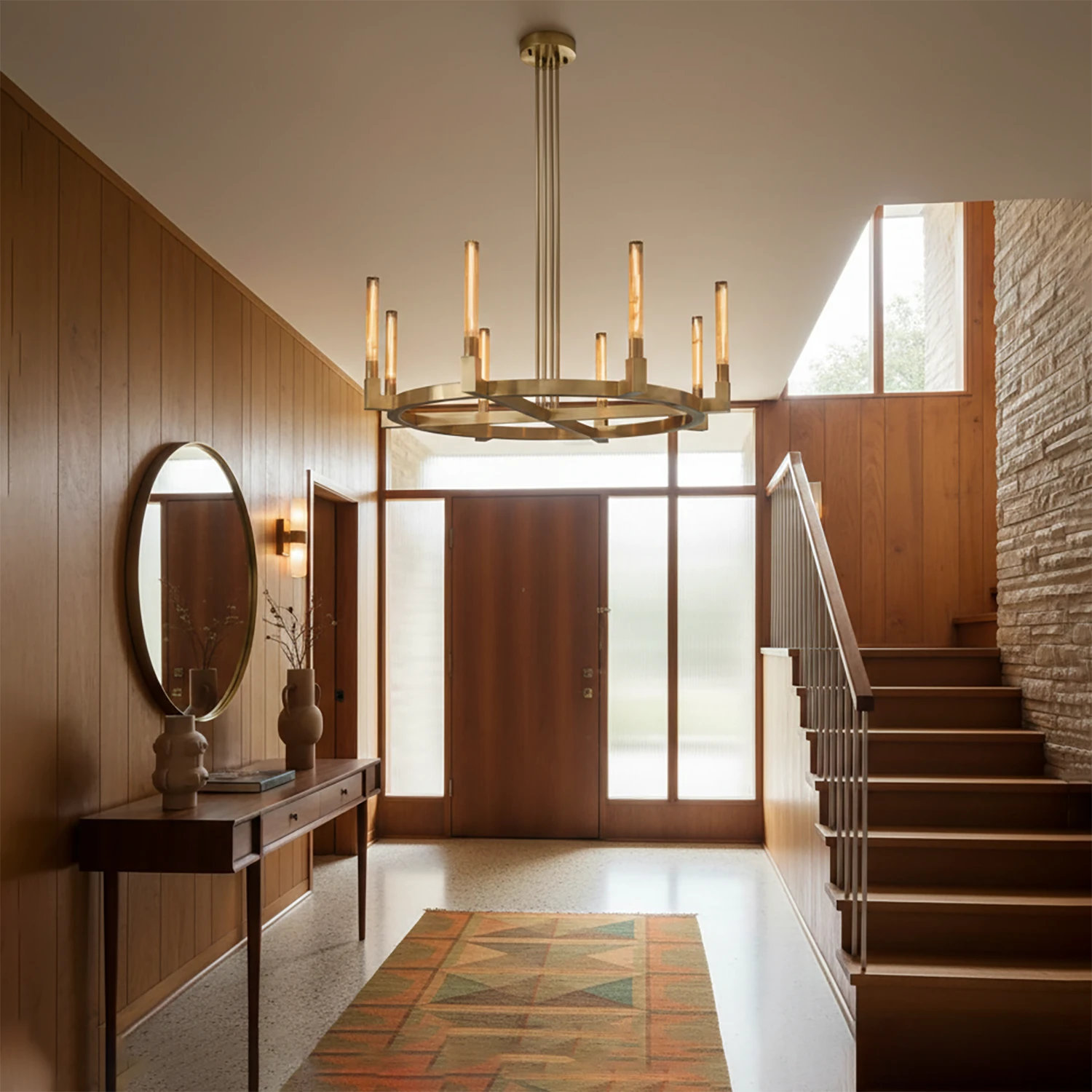 Aurora Crystal Candlestick Linear Glass Tube Chandelier - Warm Hallway Entryway Wooden Staircase Console Mirror | HoaiLamp