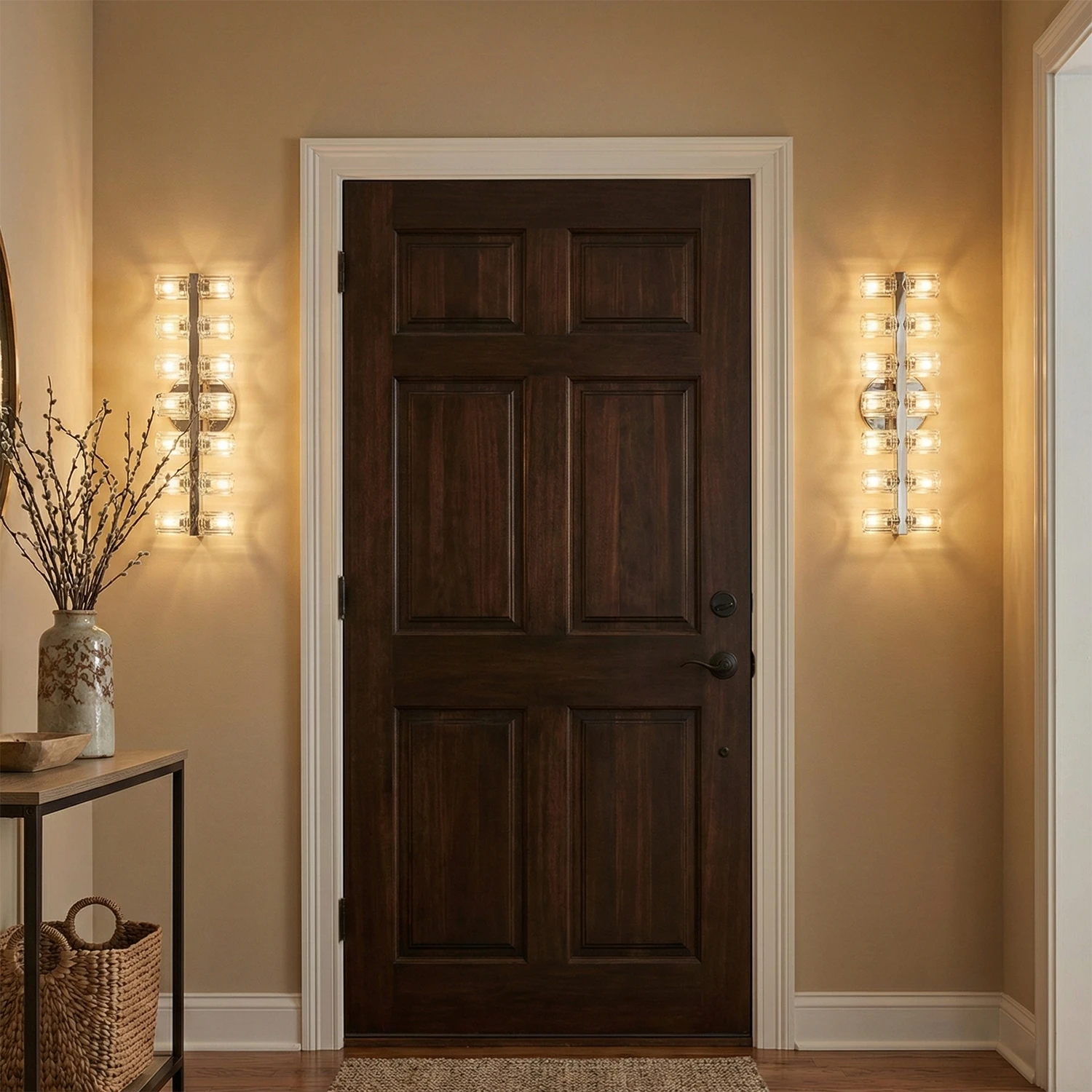 Aurora Glass Cup Sconce - Lifestyle Dark Wood Front Door Entryway Symmetrical | HoaiLamp