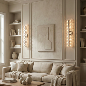 Aurora Glass Cup Sconce - Lifestyle Living Room Beige Sofa Vertical Bars | HoaiLamp