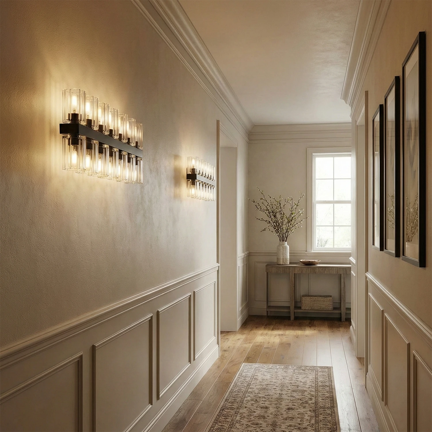 Aurora Glass Cup Sconce - Lifestyle Long Hallway Horizontal Mount Wainscoting | HoaiLamp