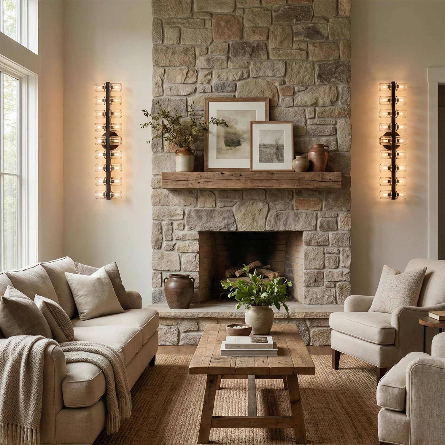 Aurora Glass Cup Sconce - Lifestyle Rustic Living Room Stone Fireplace Vertical Matrix | HoaiLamp