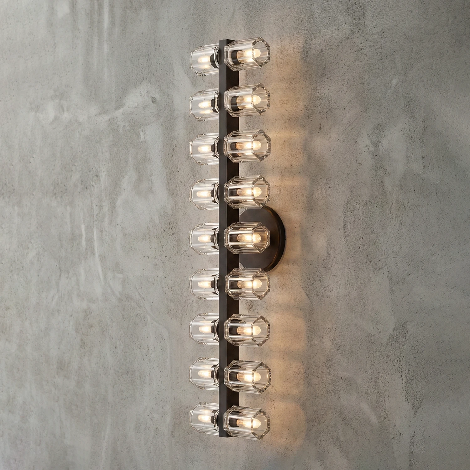 Aurora Glass Cup Sconce - Studio Grey Concrete Vertical Matrix Matte Black Lit | HoaiLamp