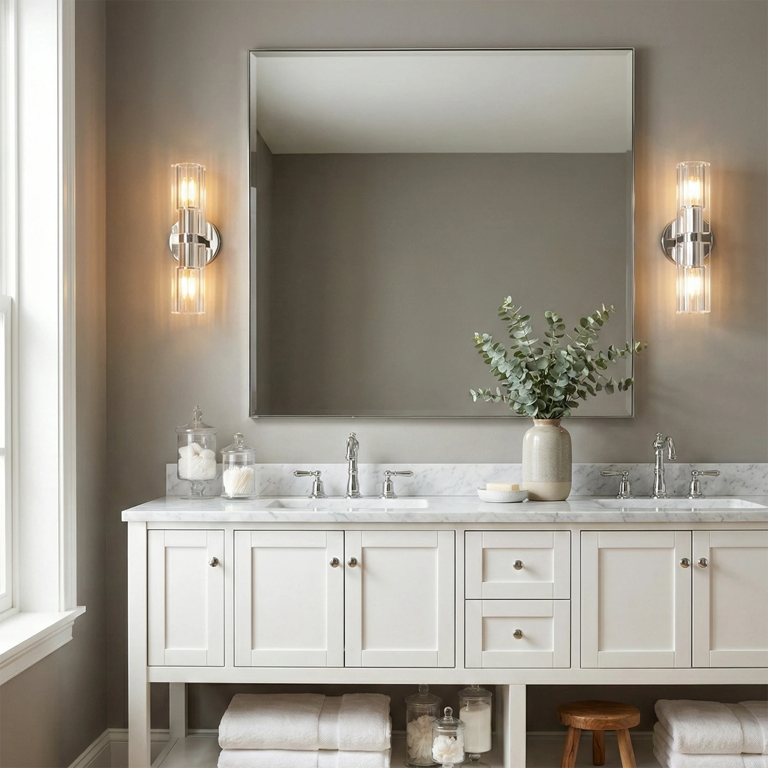 Aurora Glass Cup Sconce - White Shaker Bathroom Vanity Double Sink Mirror | HoaiLamp