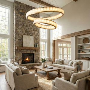Avalon Alabaster Halo Chandelier - Double Height Living Room Grand Stone Fireplace | HoaiLamp
