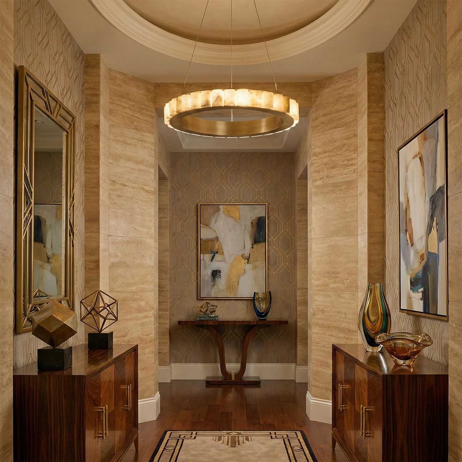 Avalon Alabaster Halo Chandelier - Grand Hallway Foyer With Luxury Stone Columns | HoaiLamp