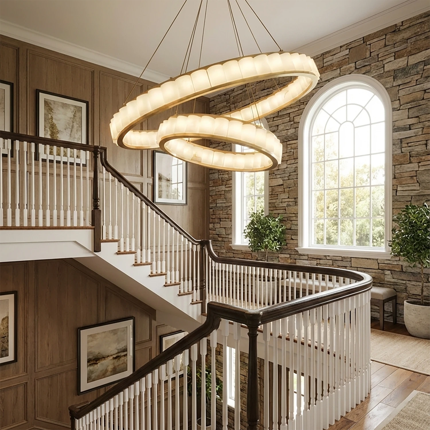 Avalon Alabaster Halo Chandelier - Grand Staircase Two Tier Overlapping Halo Configuration | HoaiLamp