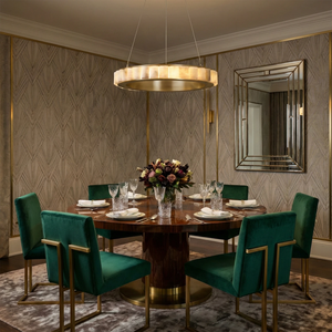 Avalon Alabaster Halo Chandelier - Luxury Modern Dining Room Emerald Green Velvet Chairs | HoaiLamp