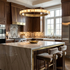 Avalon Alabaster Halo Chandelier - Contemporary Dark Wood Kitchen Marble Waterfall Island | HoaiLamp