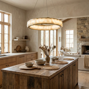 Avalon Alabaster Halo Chandelier - Rustic Wood Kitchen Island And Stone Fireplace | HoaiLamp