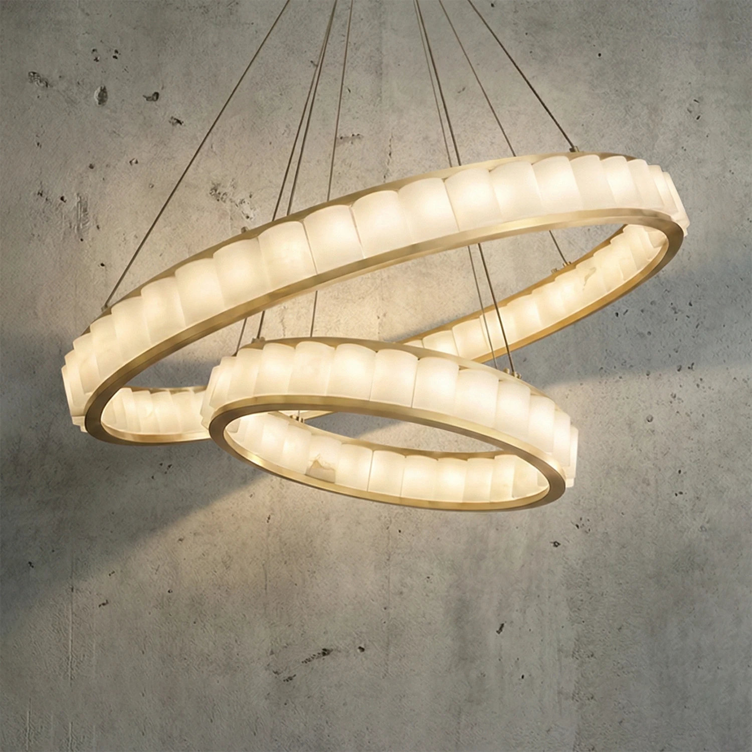 Avalon Alabaster Halo Chandelier - Studio Grey Concrete Background Two Tier Illuminated Halo | HoaiLamp