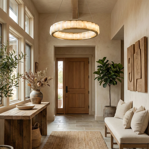 Avalon Alabaster Halo Chandelier - Warm Entryway Foyer With Wooden Door And Bench | HoaiLamp
