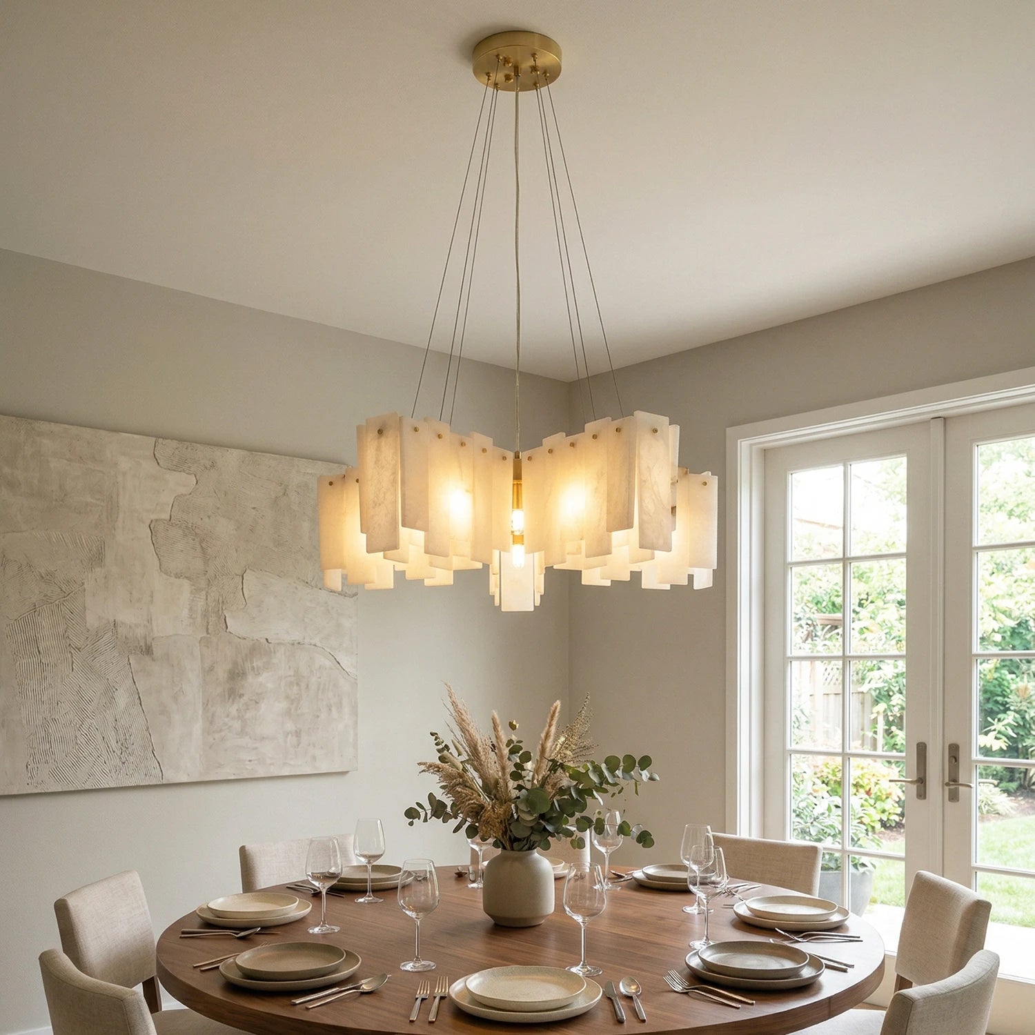 Cascade Alabaster Tiered Brass Chandelier-Round Table Centerpiece - Timeless Brass Profile | HoaiLamp
