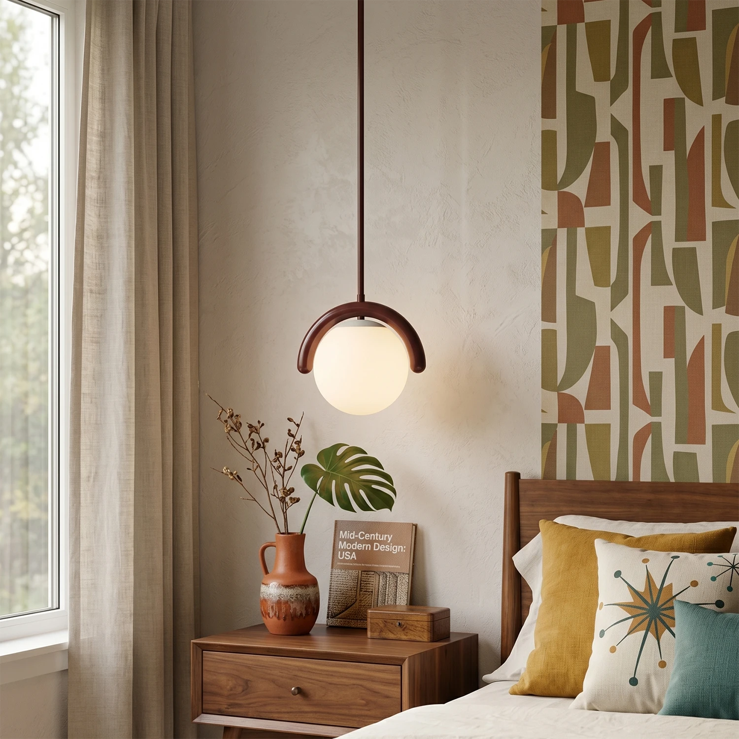 Curved Linear Opal Globe Pendant - Retro Mid-Century Bedroom Bedside Ambient Light | HoaiLamp
