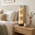 Multi-Tiered Alabaster Table Lamp - Cozy Bedroom Setup Light Wood Nightstand Cream Headboard | HoaiLamp