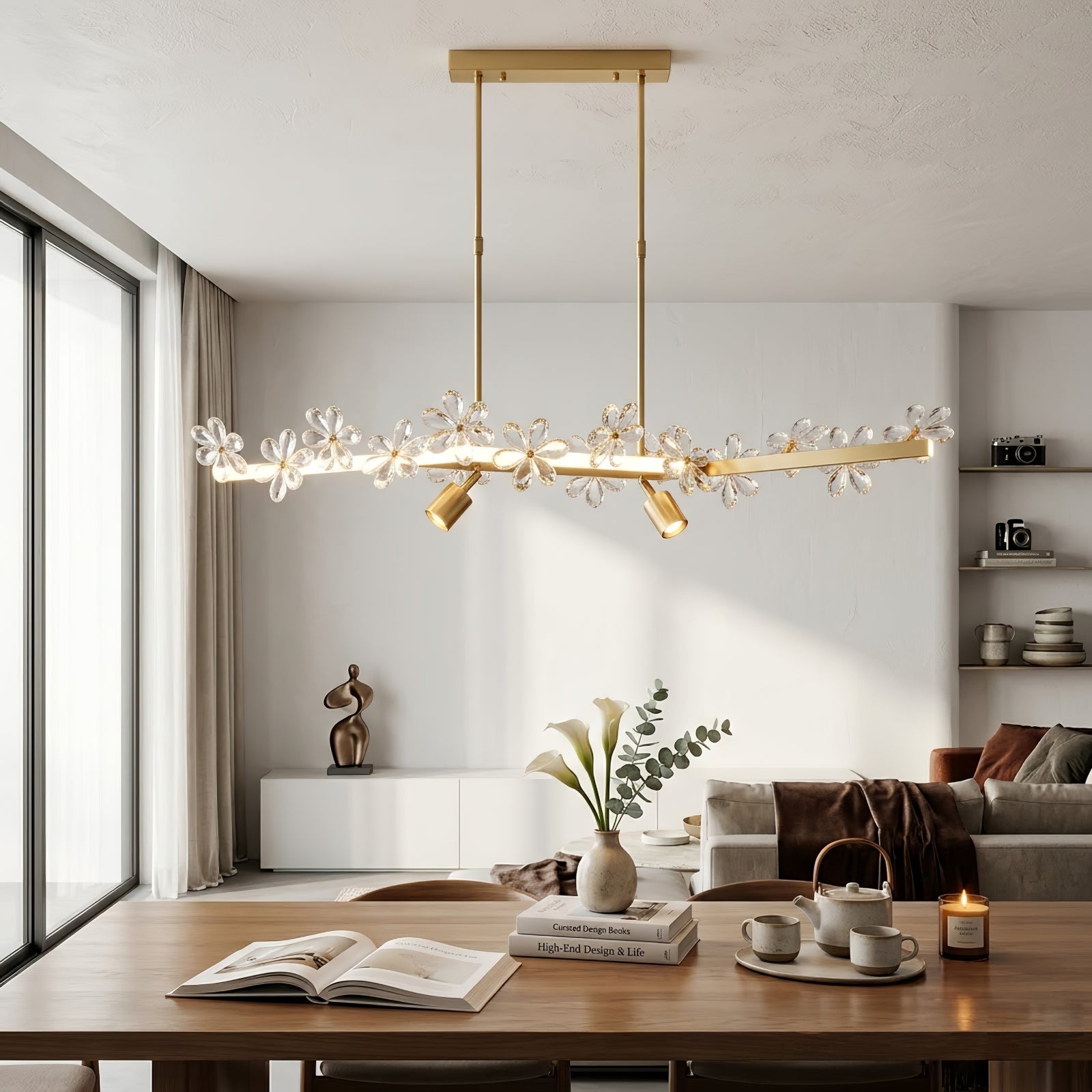 Blooming Crystal Flower Modern Pendant Light - Spacious Walnut Executive Table Minimalist Studio | HoaiLamp