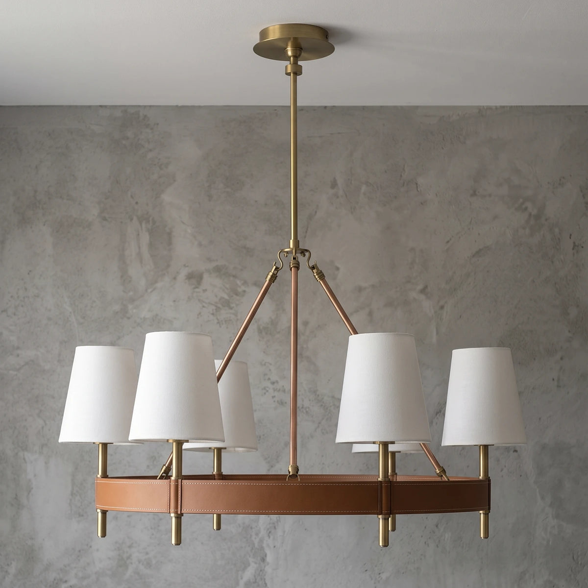 Bramley Leather & Copper Chandelier - Round 6 Light Illuminated Glow | HoaiLamp