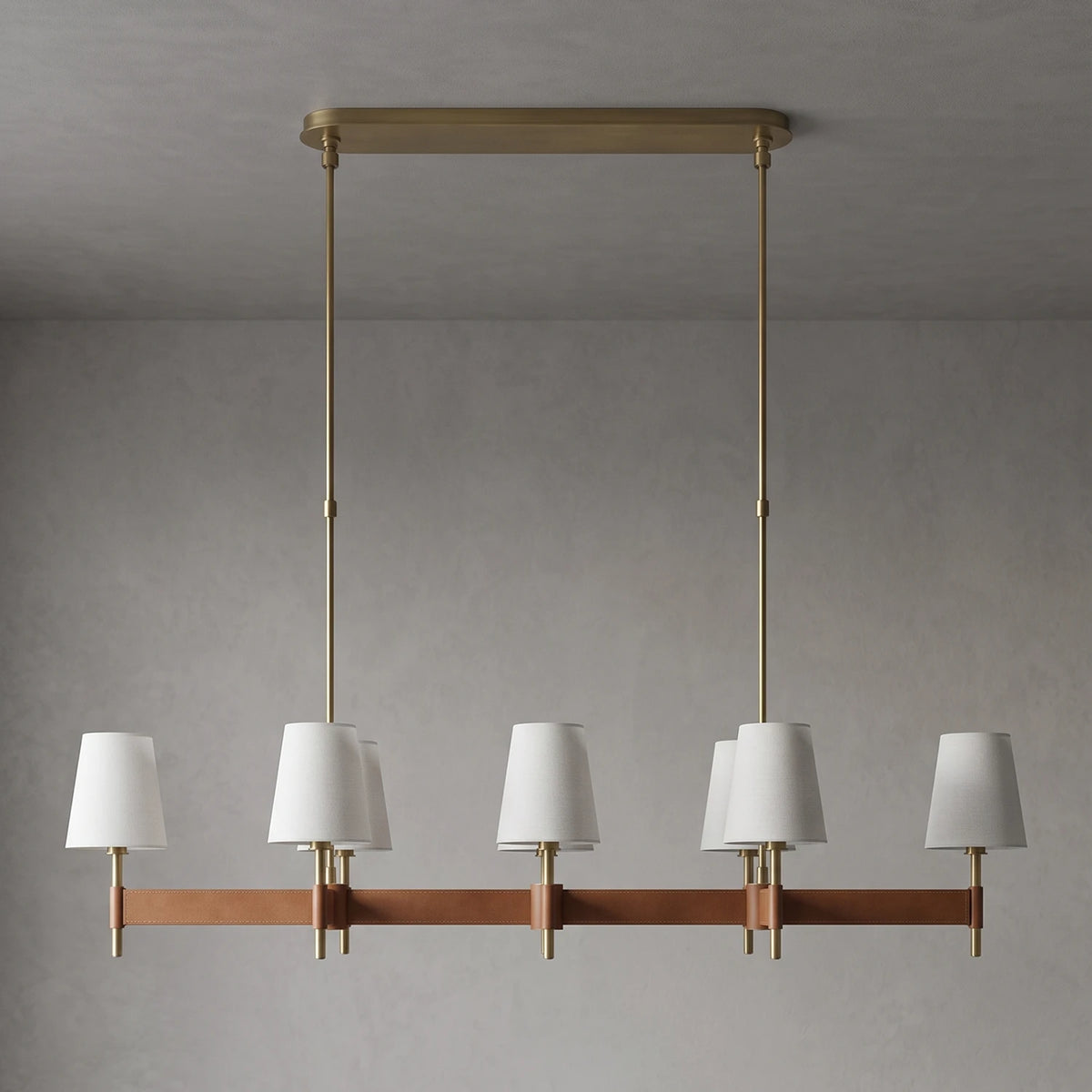 Bramley Leather & Copper Chandelier - Linear 8 Light Illuminated Glow | HoaiLamp