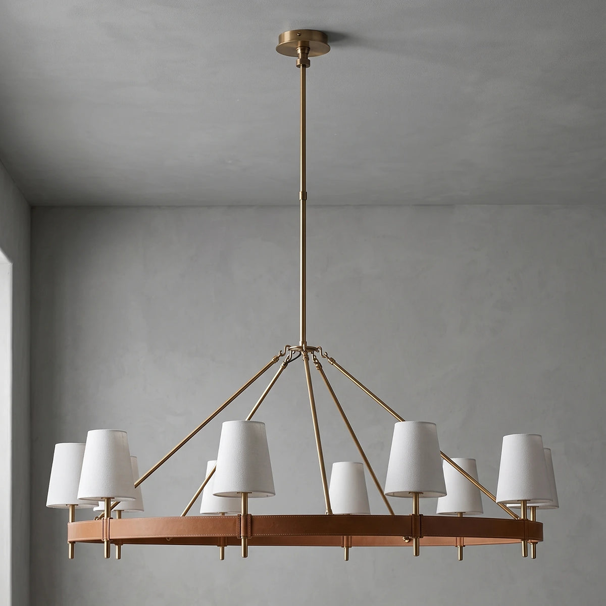 Bramley Leather & Copper Chandelier - Round 10 Light Illuminated Glow | HoaiLamp