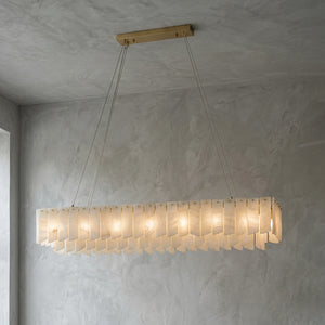 Cascade Alabaster Tiered Brass Chandelier-Linear Rectangular Chandelier - Minimalist Profile for Open Spaces | HoaiLamp