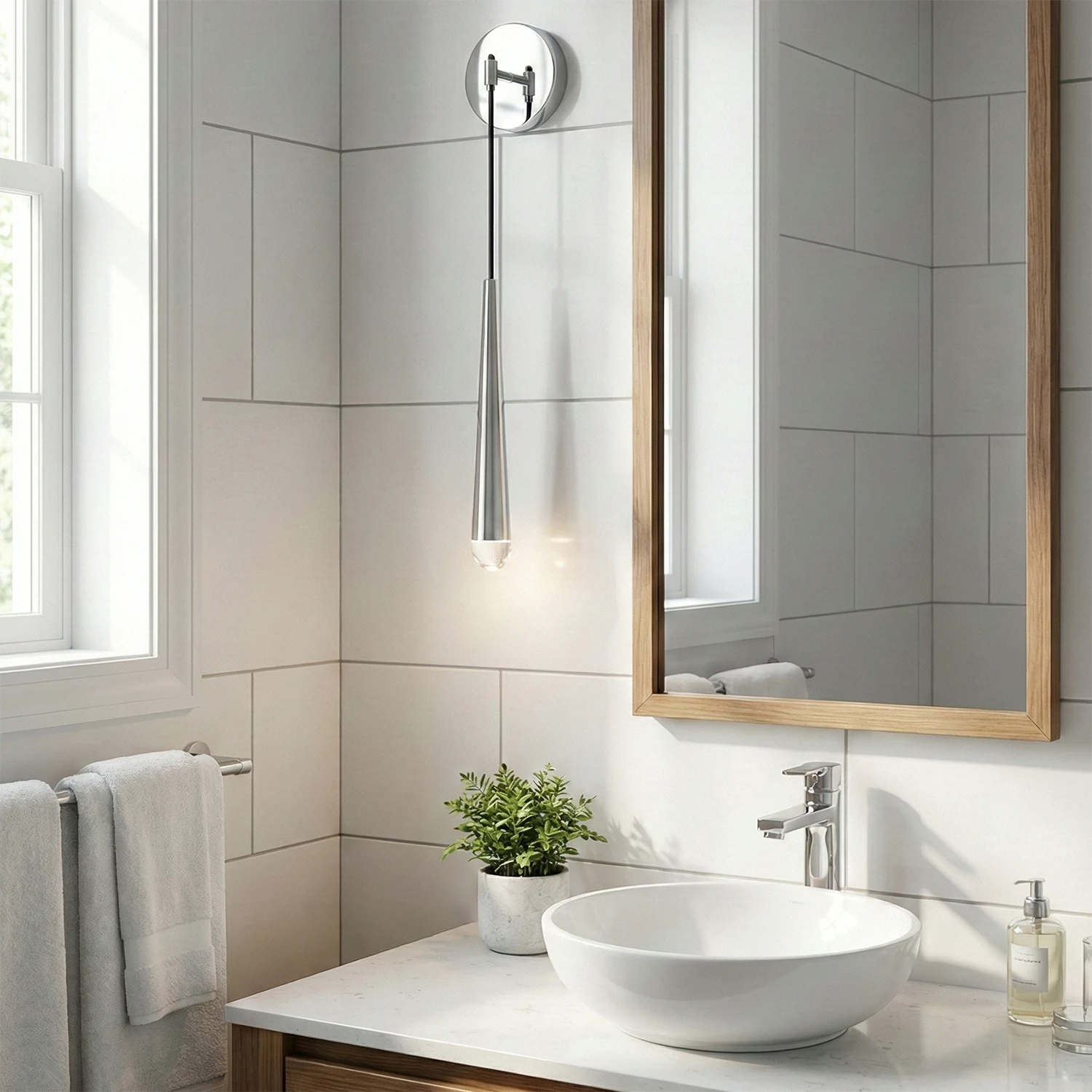 Brass Spinal Tube Crystal Wall Lamp - Contemporary Bathroom Vanity Mirror Vertical White Tiles | HoaiLamp