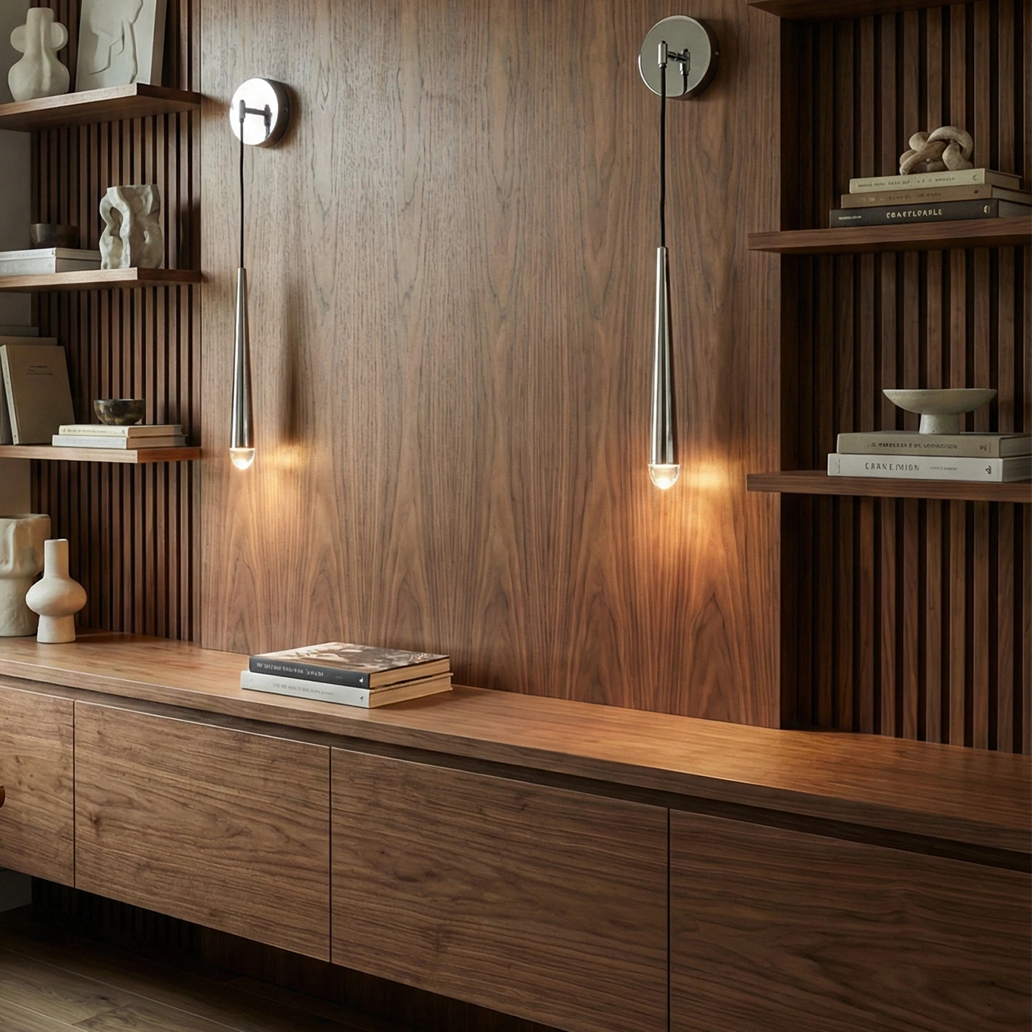 Brass Spinal Tube Crystal Wall Lamp - Executive Office Wood Veneer Credenza Built-In Bookshelf | HoaiLamp