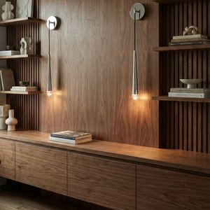 Brass Spinal Tube Crystal Wall Lamp - Executive Office Wood Veneer Credenza Built-In Bookshelf | HoaiLamp