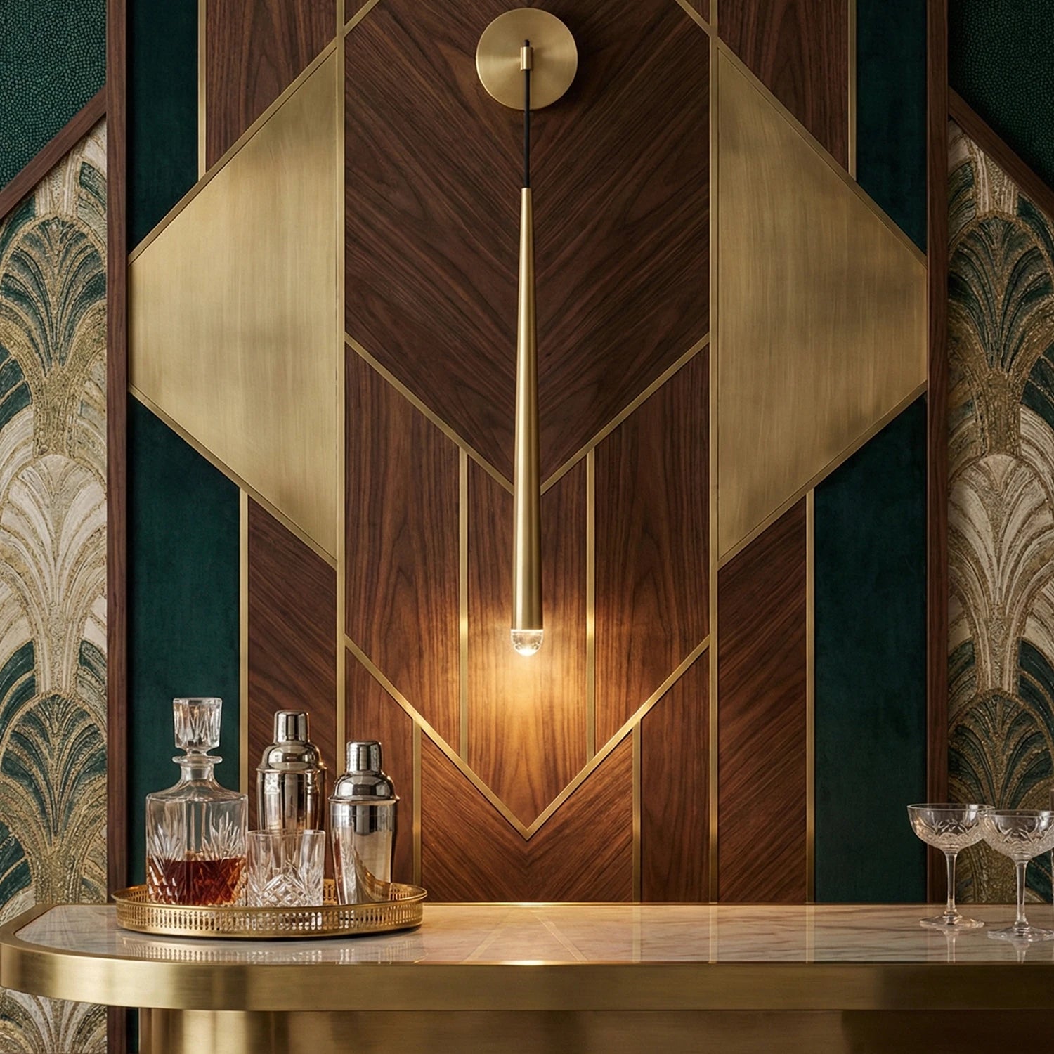 Brass Spinal Tube Crystal Wall Lamp - Luxury Commercial Bar Counter Art Deco Wood Paneling | HoaiLamp