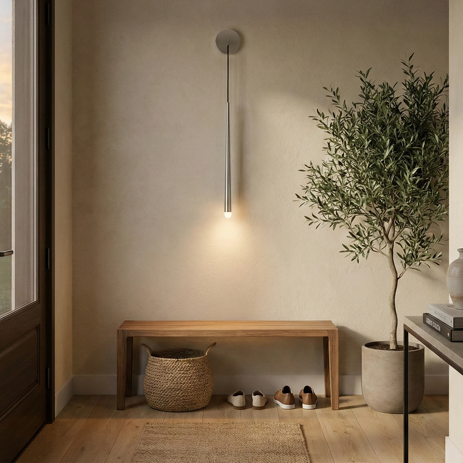 Brass Spinal Tube Crystal Wall Lamp - Minimalist Foyer Entryway Wooden Bench Potted Tree | HoaiLamp