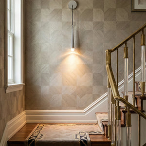 Brass Spinal Tube Crystal Wall Lamp - Staircase Landing Checkered Wallpaper Silver Fixture | HoaiLamp