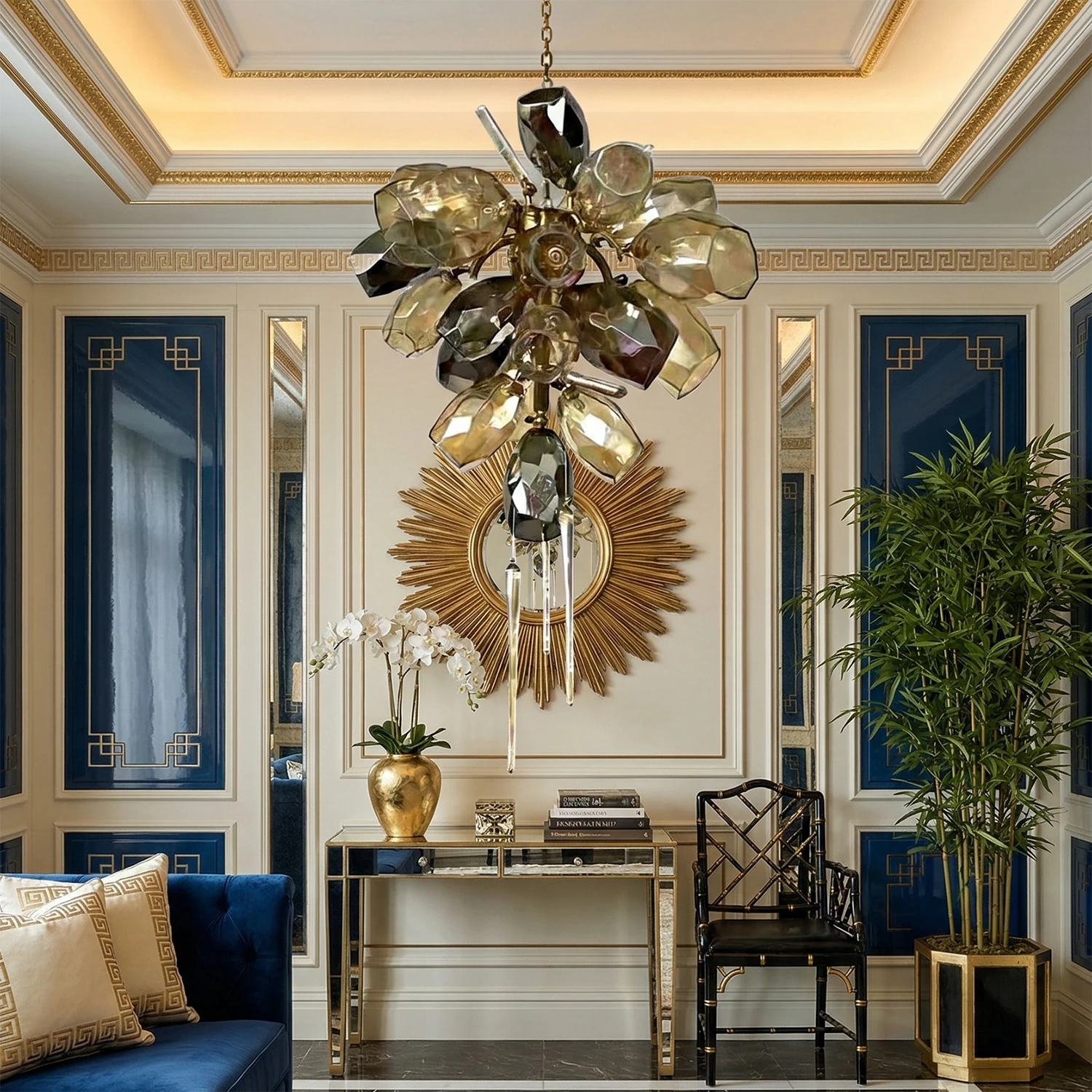 Britannica Luxury Stained Glass Chandelier - Classic Royal Blue Living Room Sunburst Mirror Accent | HoaiLamp