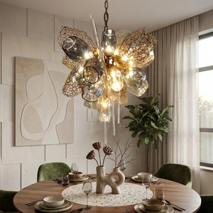 Britannica Luxury Stained Glass Chandelier - Elegant Dining Room Round Wooden Table Ensemble | HoaiLamp