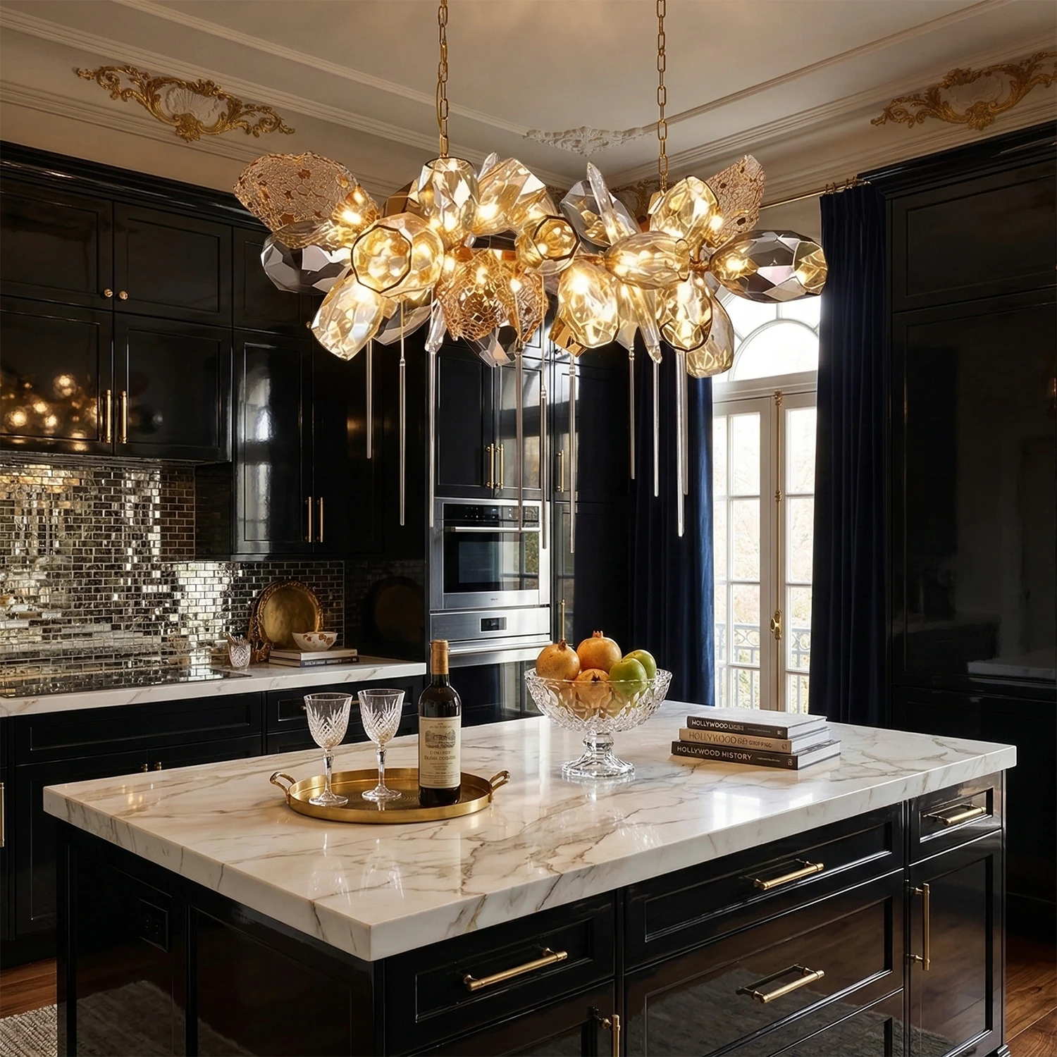 Britannica Luxury Stained Glass Chandelier - Luxury Black Gold Kitchen Island Glam Decor | HoaiLamp