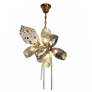 Britannica Luxury Stained Glass Chandelier - White Background Medium Round Gold Glow Angle | HoaiLamp