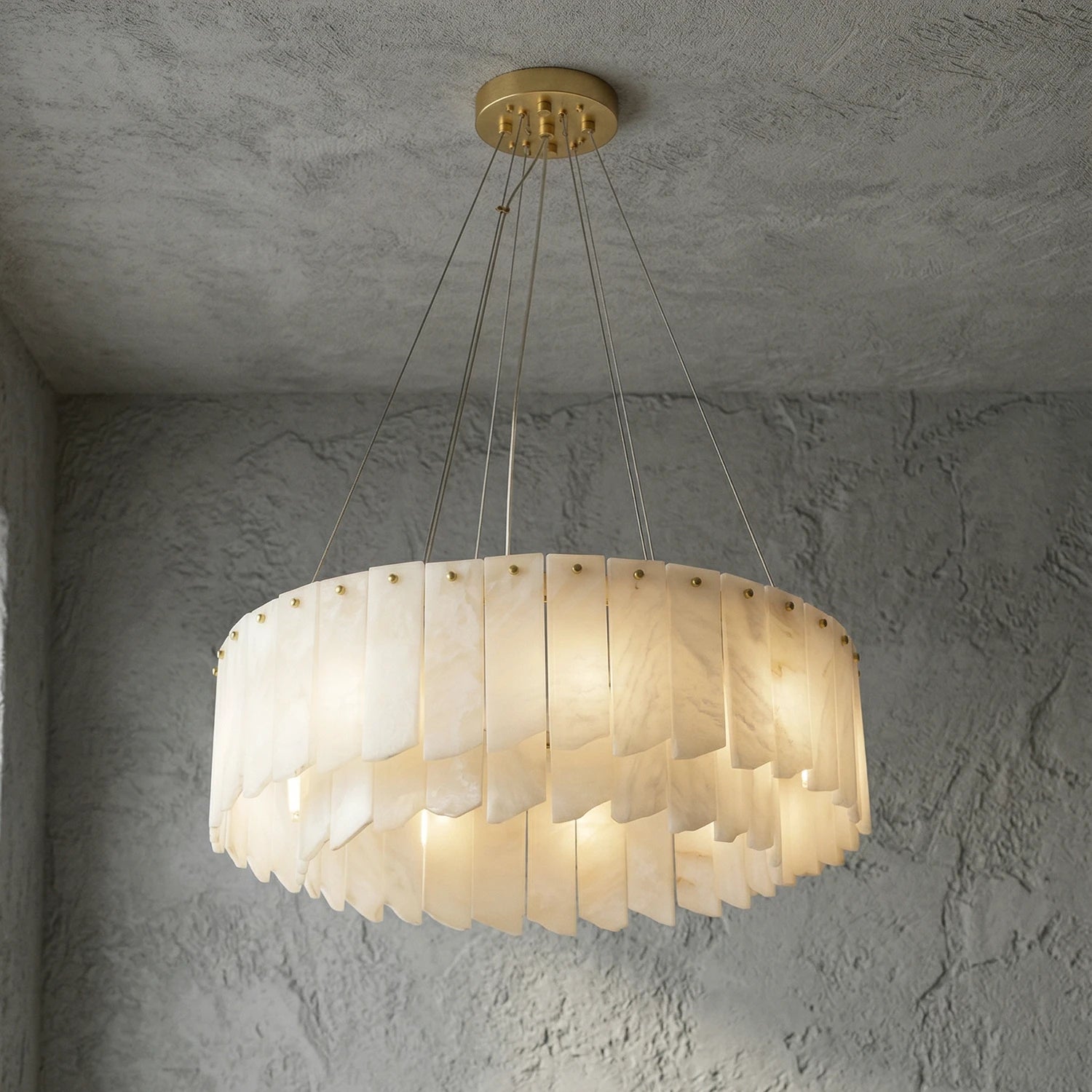Cascade Alabaster Tiered Brass Chandelier-Cylindrical Soft-Glow Pendant - Minimalist Stone Aesthetics | HoaiLamp
