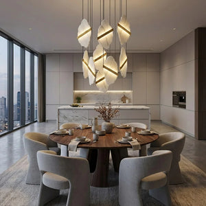 Cascading Alabaster Slab Chandelier - Contemporary High Rise Dining Room Panoramic City View | HoaiLamp