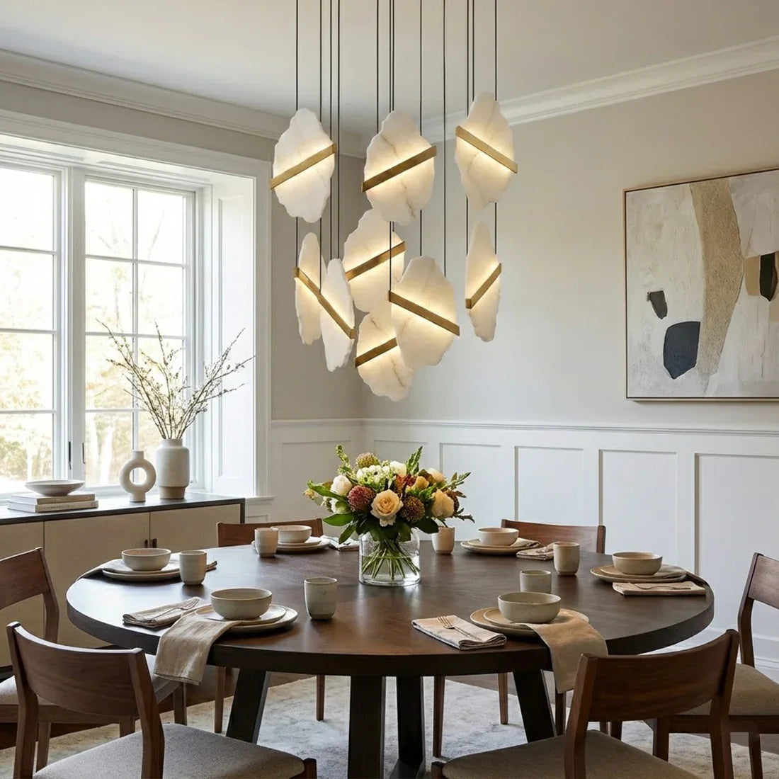 Cascading Alabaster Slab Chandelier - Elegant Dining Room White Wainscoting Round Wooden Table | HoaiLamp
