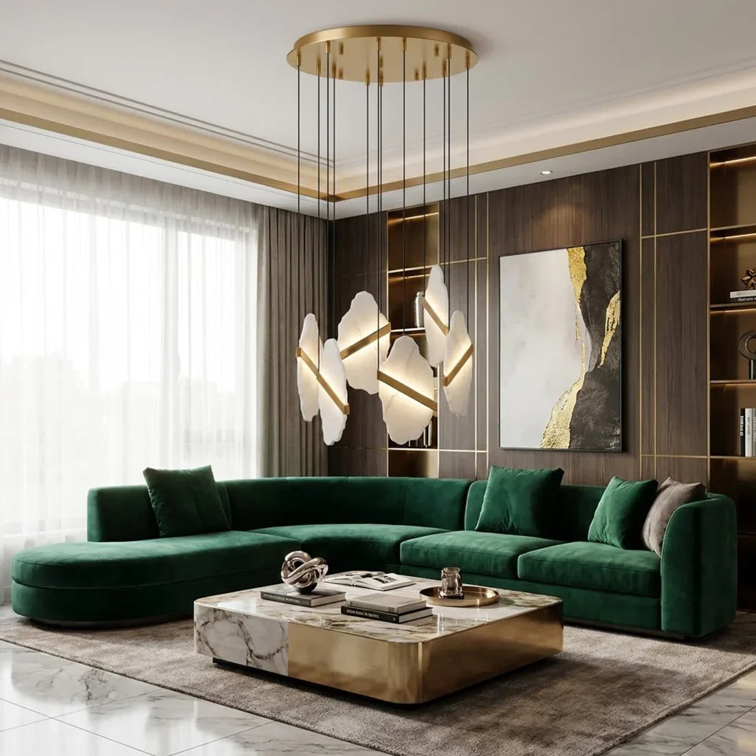 Cascading Alabaster Slab Chandelier - Luxury Modern Living Room Emerald Green Velvet Sectional | HoaiLamp