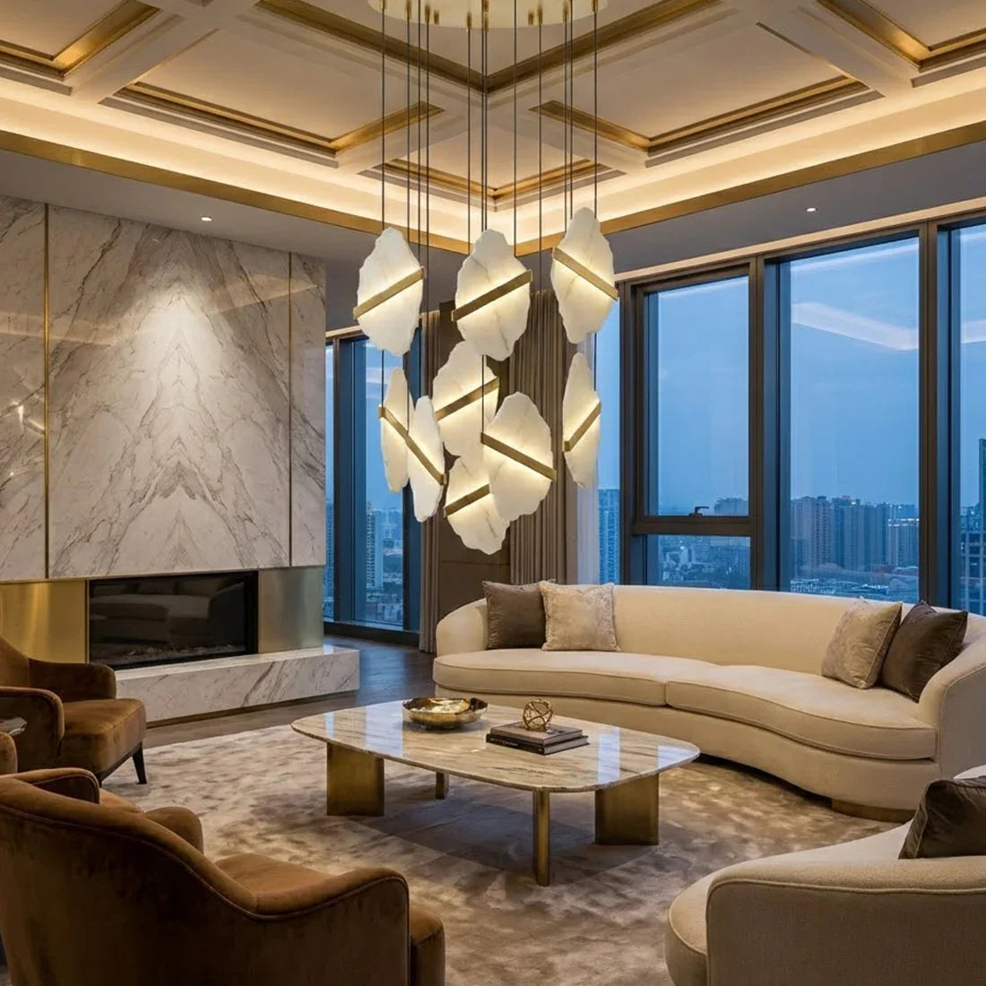 Cascading Alabaster Slab Chandelier - Luxury Modern Penthouse Living Room Curved Sofa Night View | HoaiLamp