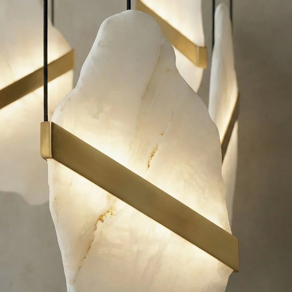 Cascading Alabaster Slab Chandelier - Macro Close Up Translucent Vein Stone Gold Metal Band | HoaiLamp