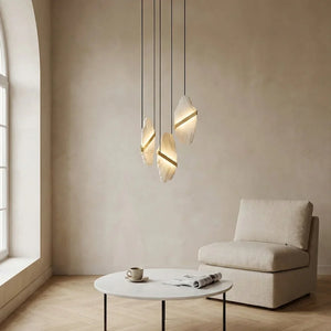 Cascading Alabaster Slab Chandelier - Minimalist Lounge Corner Cream Boucle Chair Marble Table | HoaiLamp