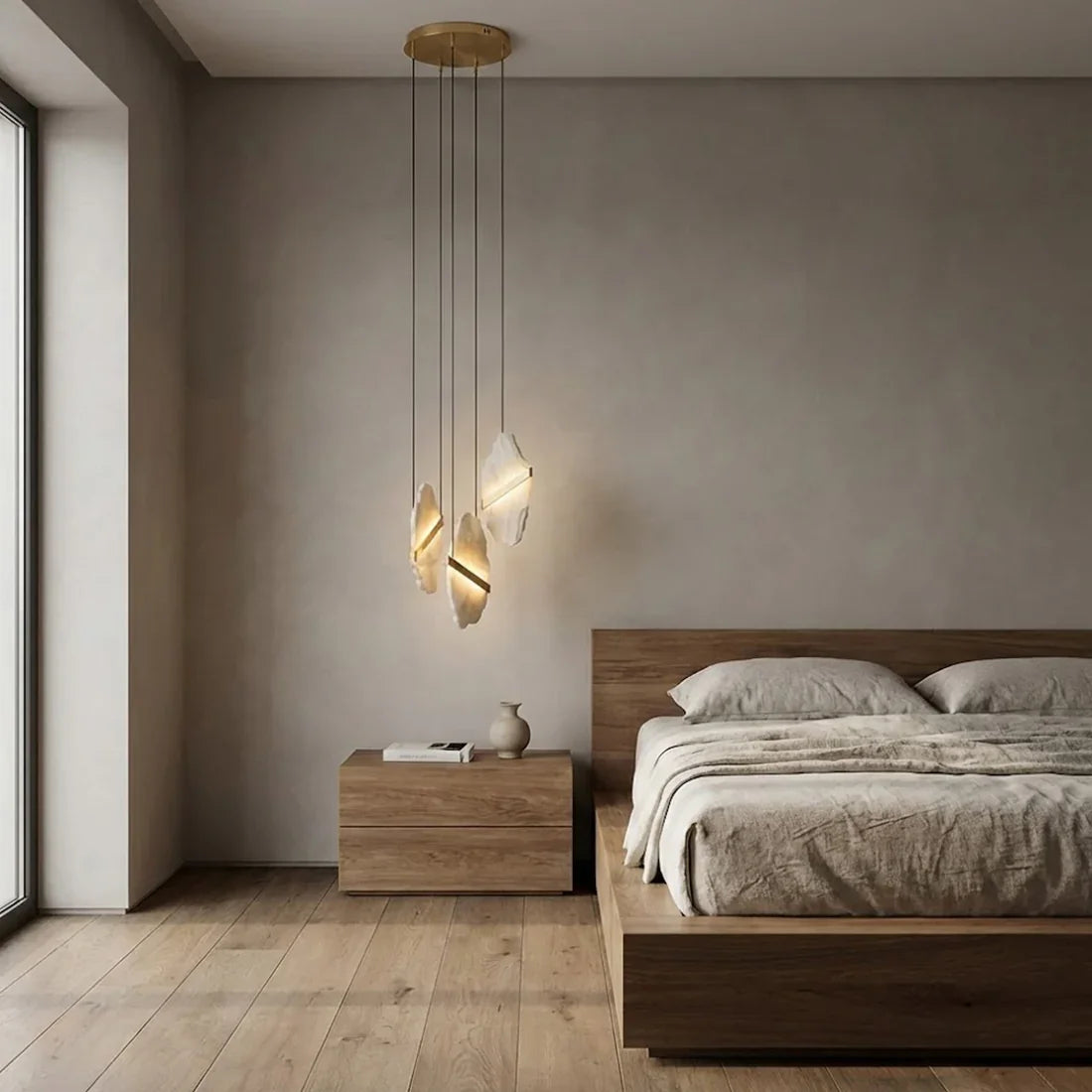 Cascading Alabaster Slab Chandelier - Minimalist Wabi Sabi Bedroom Concrete Wall Platform Bed | HoaiLamp