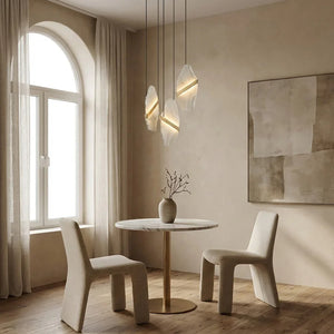 Cascading Alabaster Slab Chandelier - Minimalist Wabi Sabi Dining Nook Round White Table | HoaiLamp