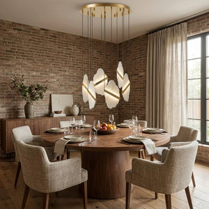 Cascading Alabaster Slab Chandelier - Rustic Dining Room Brick Accent Wall Round Wooden Table | HoaiLamp