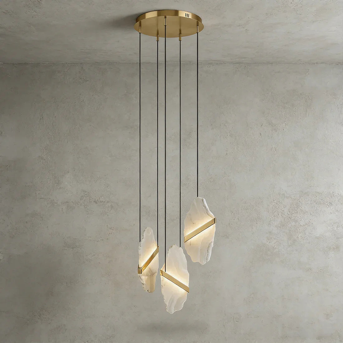 Cascading Alabaster Slab Chandelier - Studio Grey Background Long Tiered Drop Three Light Model | HoaiLamp