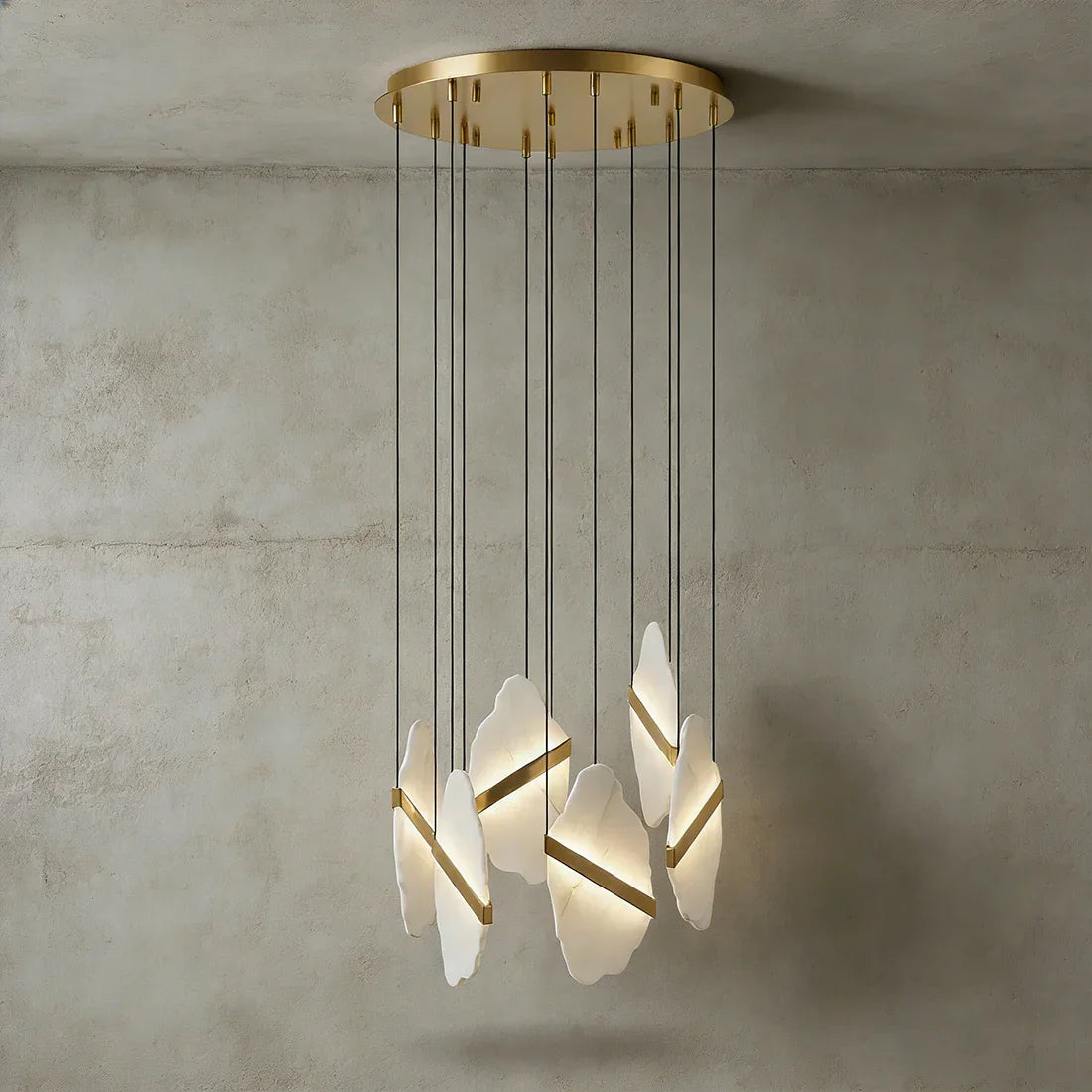 Cascading Alabaster Slab Chandelier - Studio Grey Concrete Backdrop Round Brass Canopy | HoaiLamp